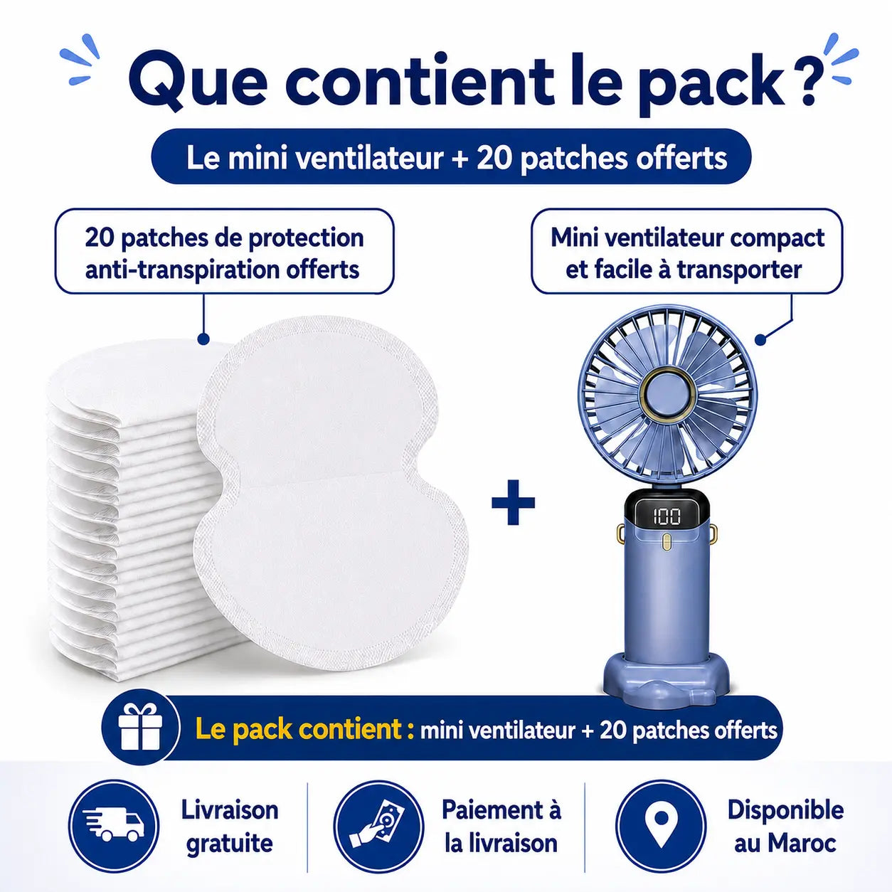 Mini Ventilateur Portable Rechargeable + 20 Patchs Anti-Transpiration Offerts