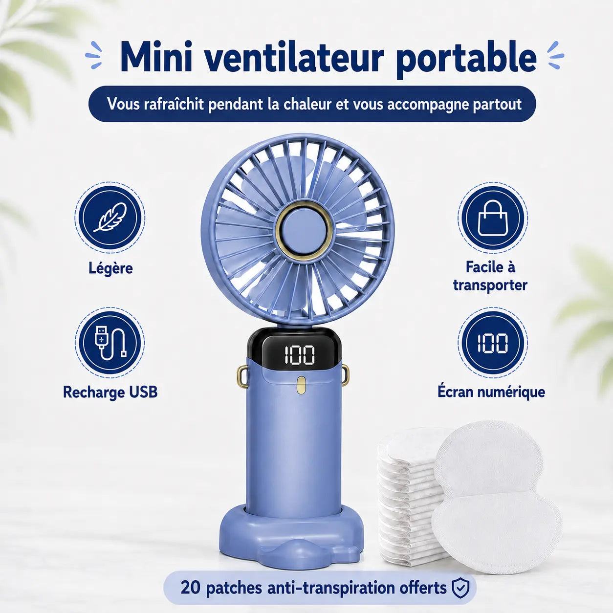 Mini Ventilateur Portable Rechargeable + 20 Patchs Anti-Transpiration Offerts