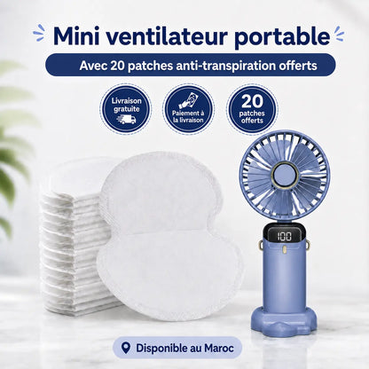 Mini Ventilateur Portable Rechargeable + 20 Patchs Anti-Transpiration Offerts