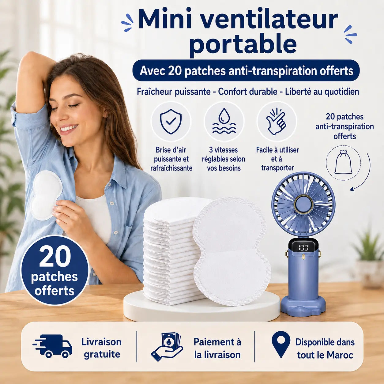 Mini Ventilateur Portable Rechargeable + 20 Patchs Anti-Transpiration Offerts