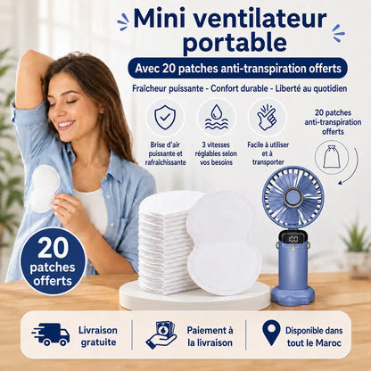 Mini Ventilateur Portable Rechargeable + 20 Patchs Anti-Transpiration Offerts